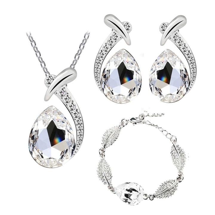 Lady Rhinestone Inlaid Water Drop Pendant Necklace Bracelet Earrings Jewelry Set Image 6