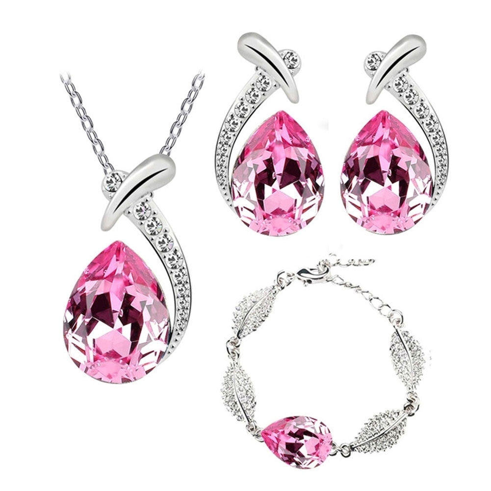 Lady Rhinestone Inlaid Water Drop Pendant Necklace Bracelet Earrings Jewelry Set Image 9