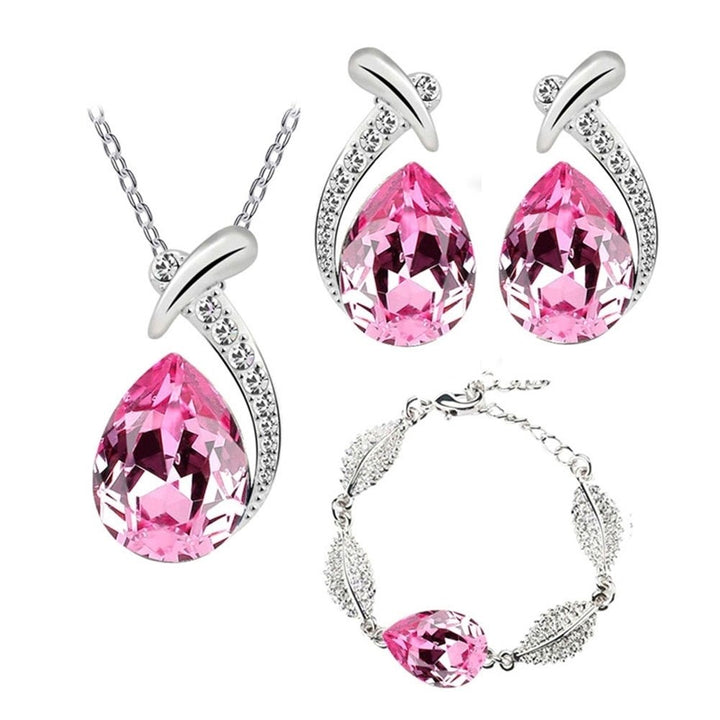 Lady Rhinestone Inlaid Water Drop Pendant Necklace Bracelet Earrings Jewelry Set Image 1