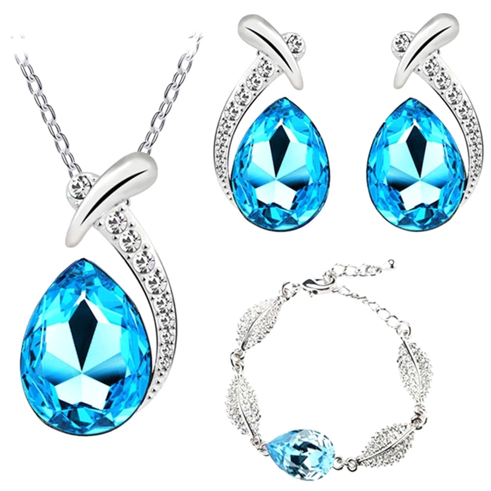 Lady Rhinestone Inlaid Water Drop Pendant Necklace Bracelet Earrings Jewelry Set Image 10