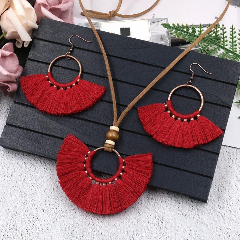 Bohemian Women Round Pendant Fringe Tassel Rope Necklace Earrings Jewelry Set Image 12