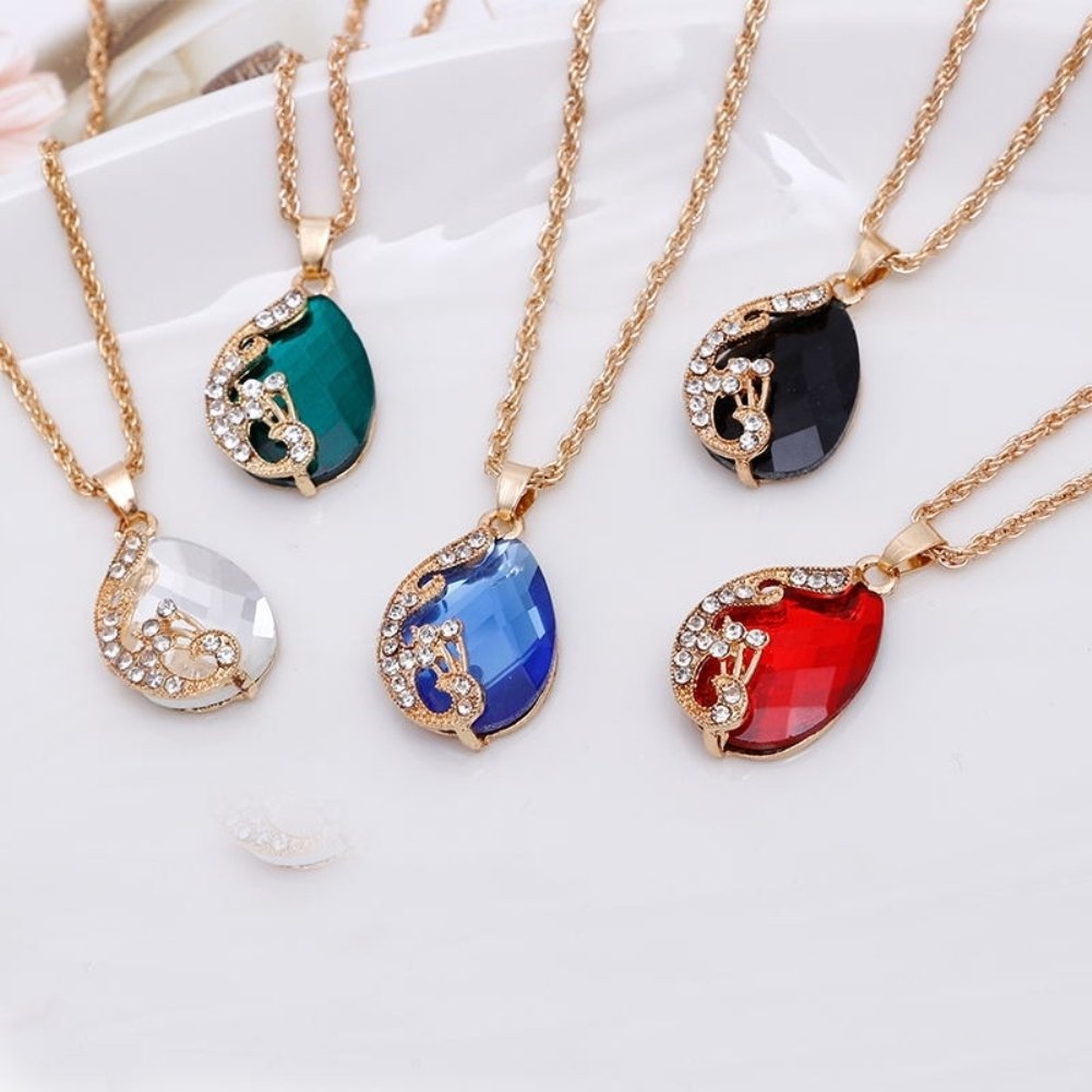 Women Rhinestone Peacock Water Drop Pendant Necklace Earrings Ring Jewelry Set Image 7