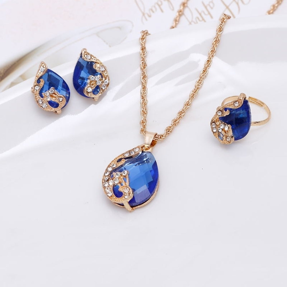 Women Rhinestone Peacock Water Drop Pendant Necklace Earrings Ring Jewelry Set Image 9