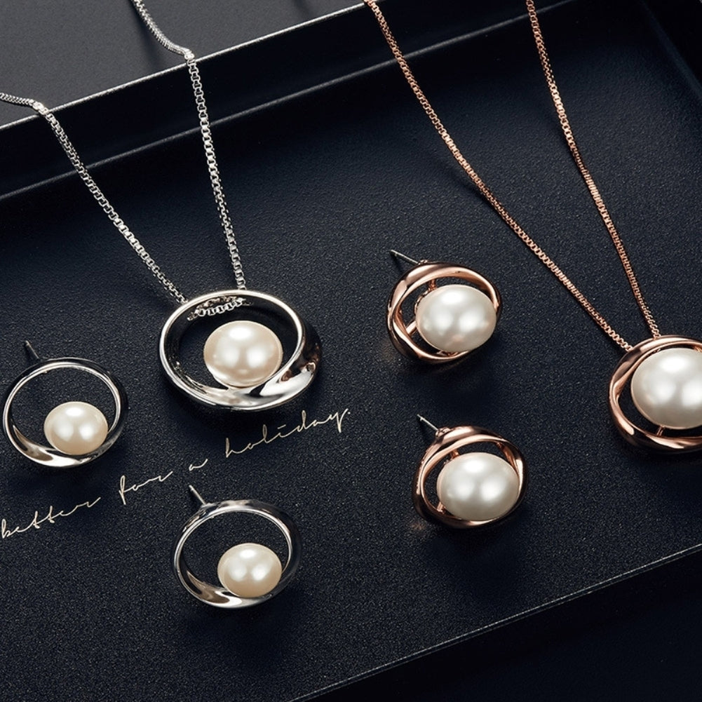 Women Faux Pearl Round Pendant Necklace Stud Earrings Wedding Party Jewelry Set Image 1