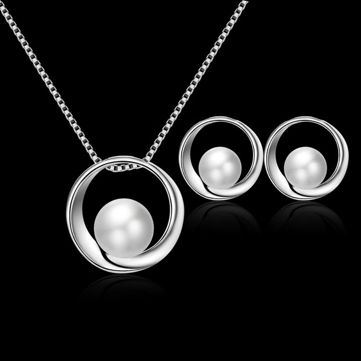 Women Faux Pearl Round Pendant Necklace Stud Earrings Wedding Party Jewelry Set Image 2