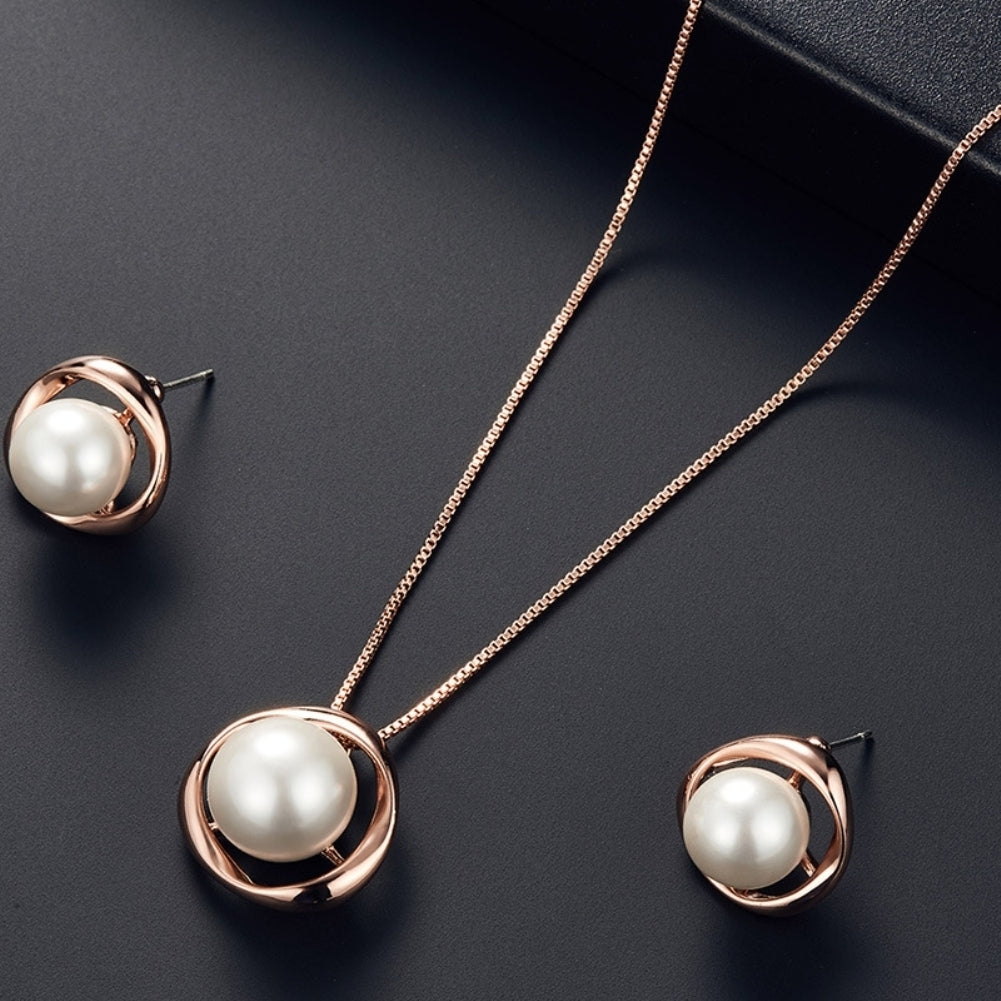 Women Faux Pearl Round Pendant Necklace Stud Earrings Wedding Party Jewelry Set Image 4