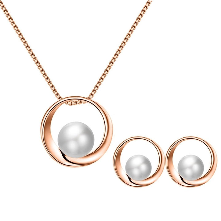 Women Faux Pearl Round Pendant Necklace Stud Earrings Wedding Party Jewelry Set Image 9