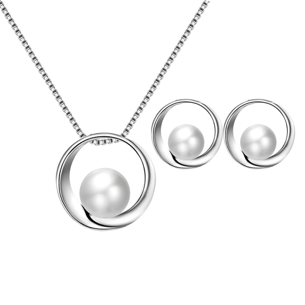 Women Faux Pearl Round Pendant Necklace Stud Earrings Wedding Party Jewelry Set Image 10