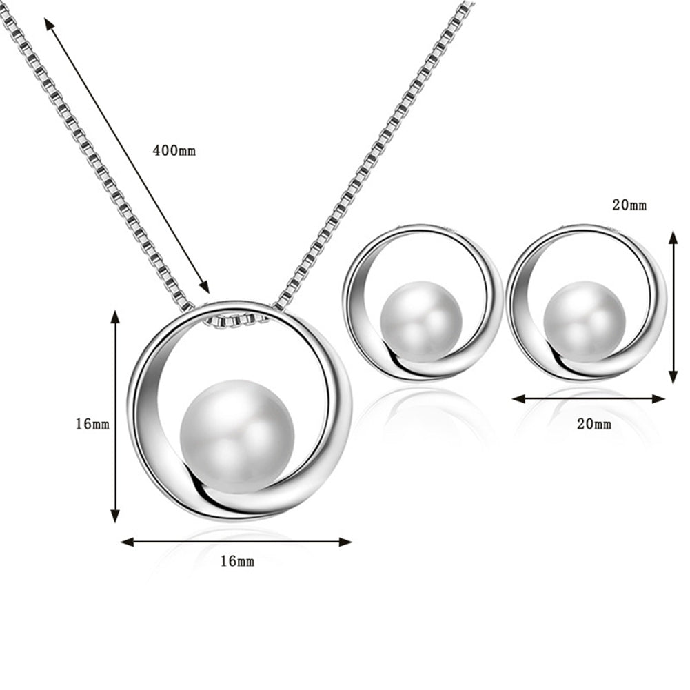 Women Faux Pearl Round Pendant Necklace Stud Earrings Wedding Party Jewelry Set Image 12