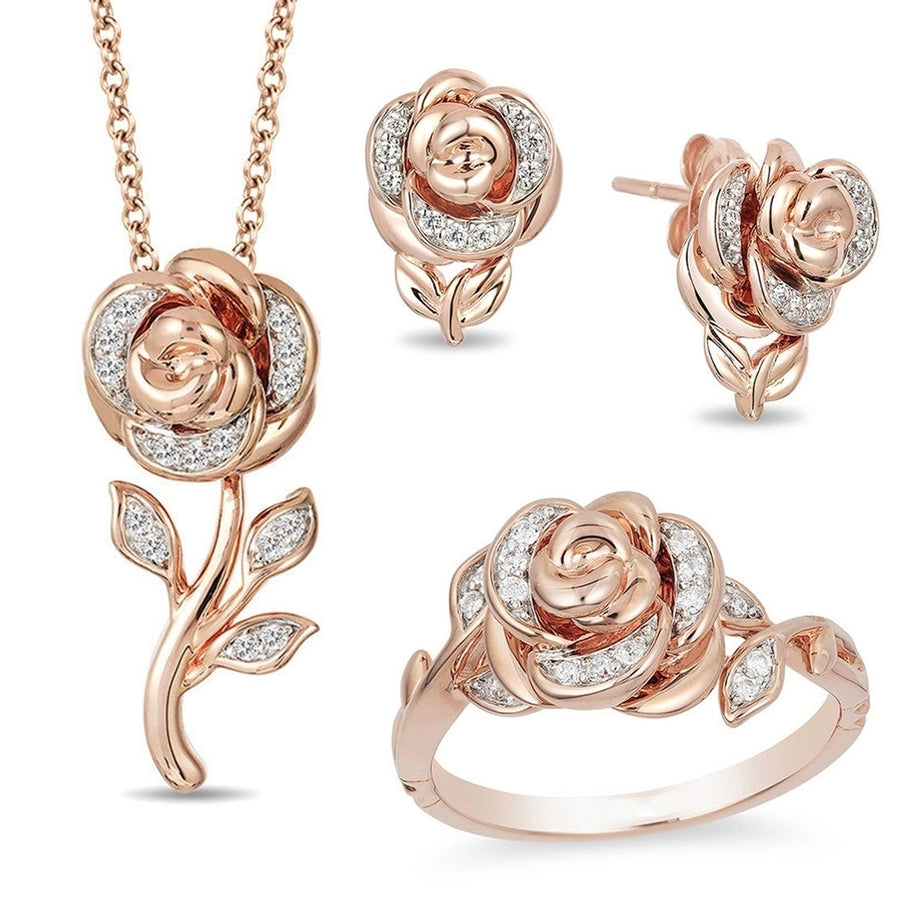 Women Fashion Rhinestone Rose Flower Pendant Necklace Earrings Ring Jewelry Gift Image 1