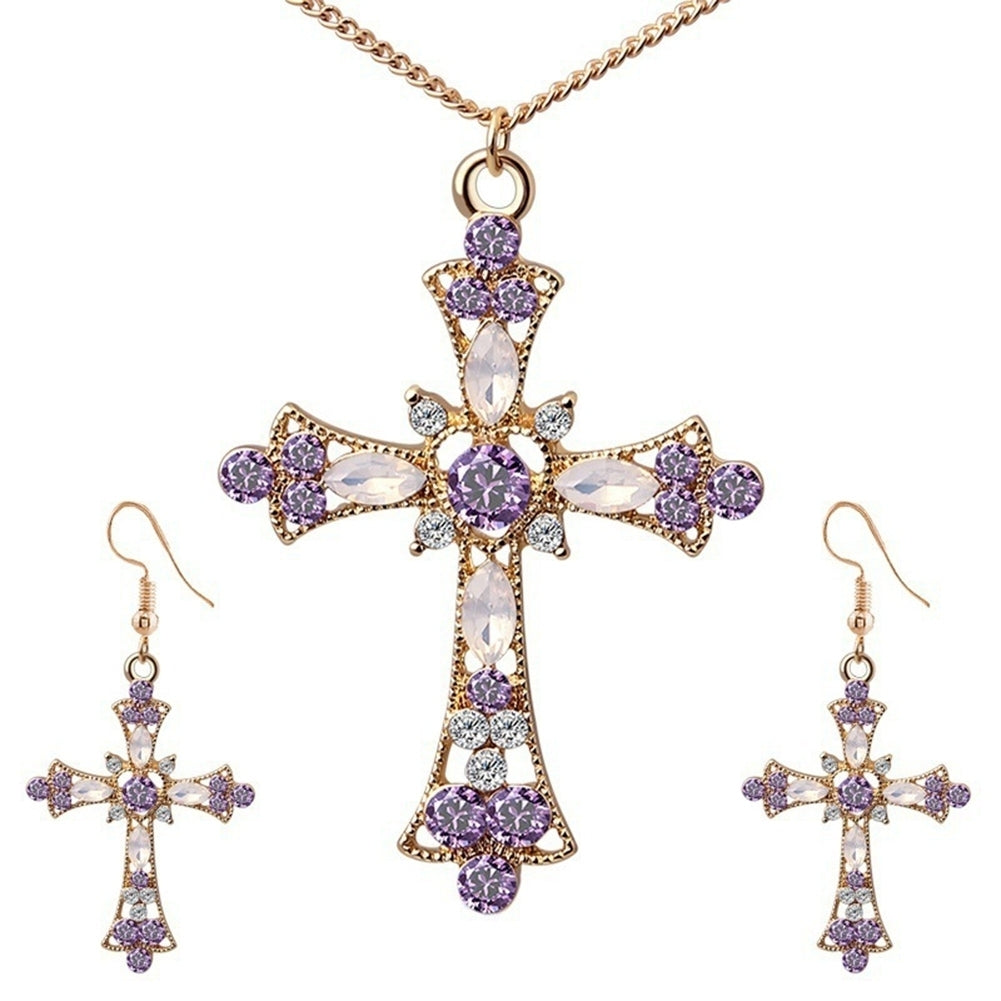 Women Rhinestone Inlaid Cross Pendant Chain Necklace Hook Earrings Jewelry Set Image 1