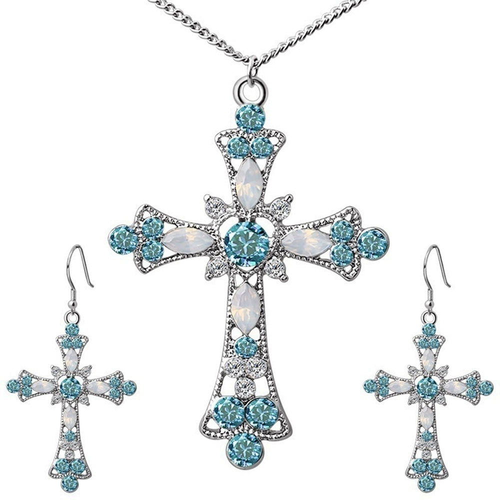 Women Rhinestone Inlaid Cross Pendant Chain Necklace Hook Earrings Jewelry Set Image 2