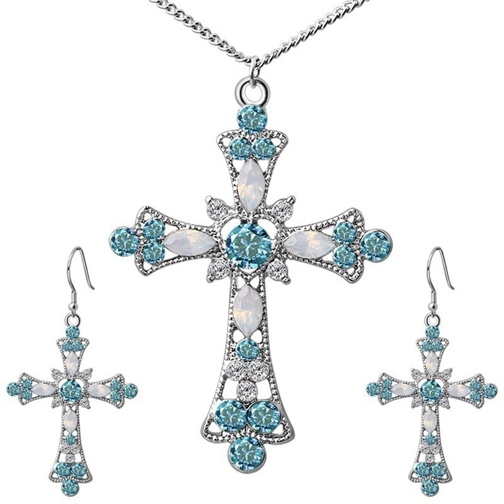 Women Rhinestone Inlaid Cross Pendant Chain Necklace Hook Earrings Jewelry Set Image 1