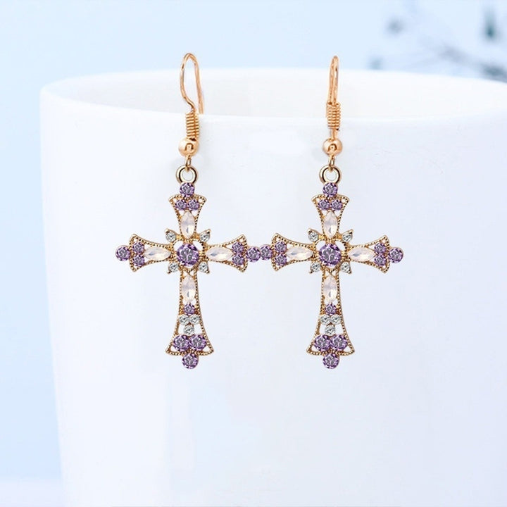 Women Rhinestone Inlaid Cross Pendant Chain Necklace Hook Earrings Jewelry Set Image 3