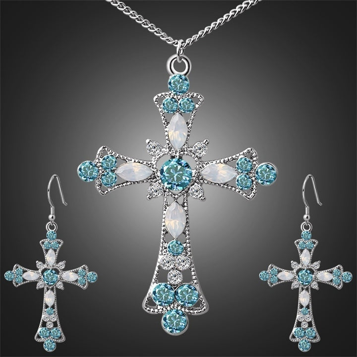 Women Rhinestone Inlaid Cross Pendant Chain Necklace Hook Earrings Jewelry Set Image 4