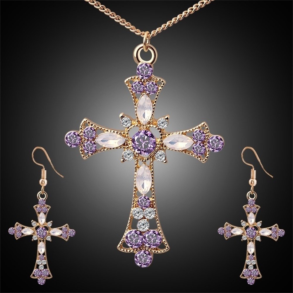 Women Rhinestone Inlaid Cross Pendant Chain Necklace Hook Earrings Jewelry Set Image 4