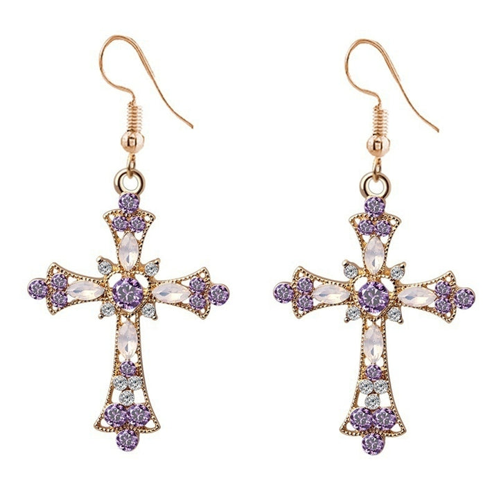 Women Rhinestone Inlaid Cross Pendant Chain Necklace Hook Earrings Jewelry Set Image 6