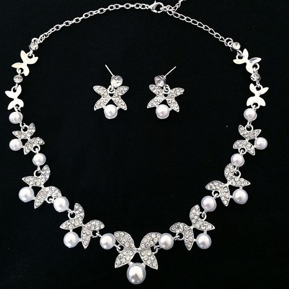 Women Faux Pearl Rhinestone Chain Necklace Stud Earrings Bridal Jewelry Set Image 2