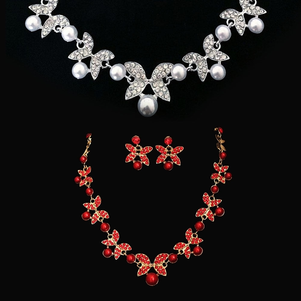 Women Faux Pearl Rhinestone Chain Necklace Stud Earrings Bridal Jewelry Set Image 3