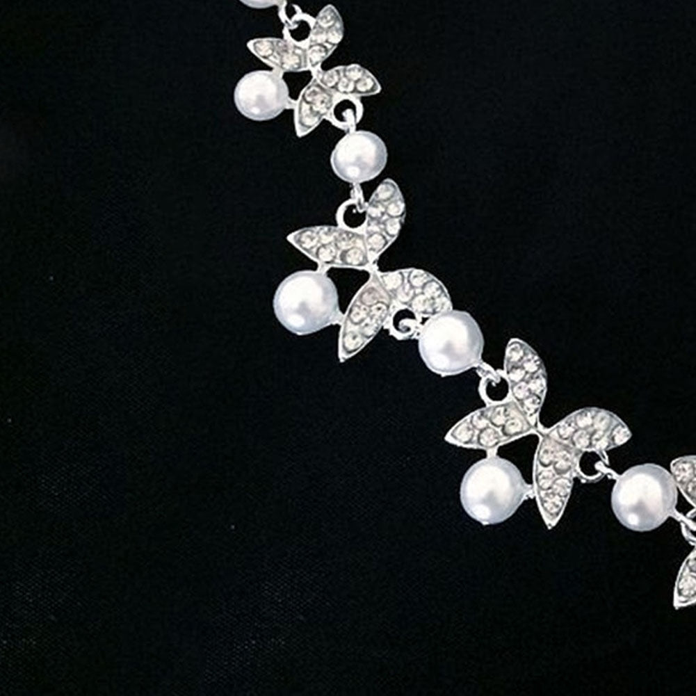 Women Faux Pearl Rhinestone Chain Necklace Stud Earrings Bridal Jewelry Set Image 7