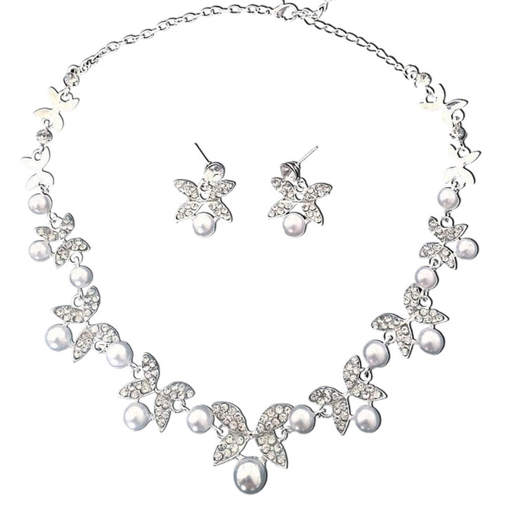Women Faux Pearl Rhinestone Chain Necklace Stud Earrings Bridal Jewelry Set Image 9