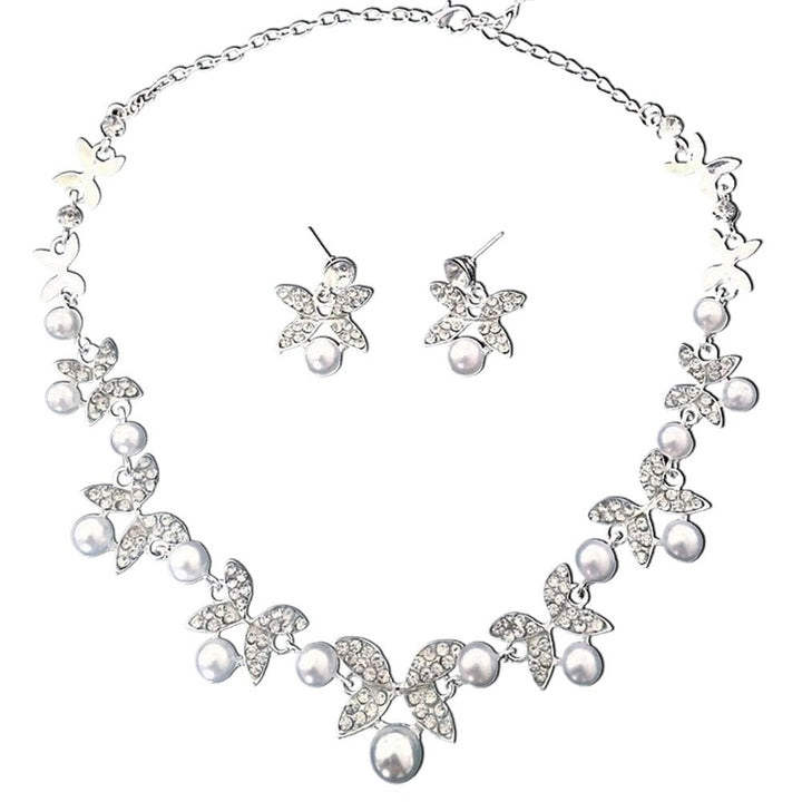 Women Faux Pearl Rhinestone Chain Necklace Stud Earrings Bridal Jewelry Set Image 1