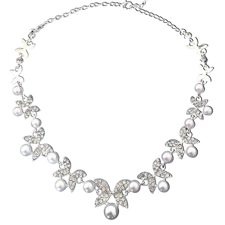Women Faux Pearl Rhinestone Chain Necklace Stud Earrings Bridal Jewelry Set Image 11