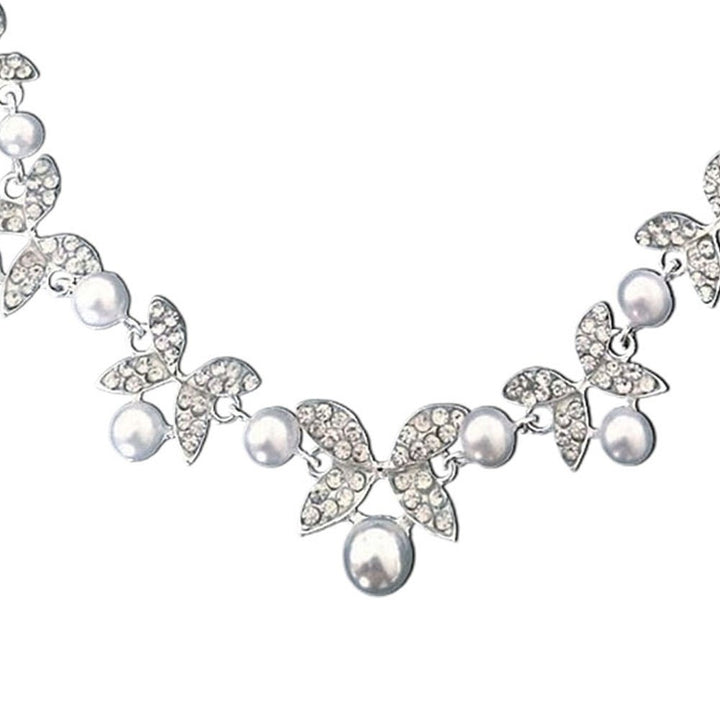 Women Faux Pearl Rhinestone Chain Necklace Stud Earrings Bridal Jewelry Set Image 12