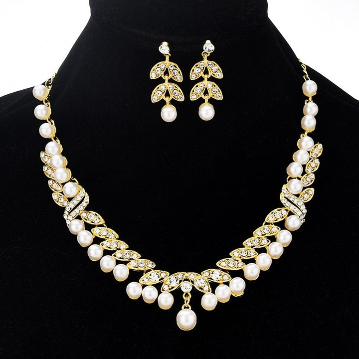 Faux Pearl Rhinestone Leaf Dangle Earrings Necklace Bridal Wedding Jewelry Set Image 1