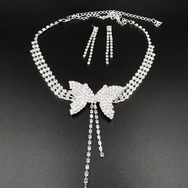 Women Full Rhinestone Butterfly Long Pendant Stud Earrings Necklace Jewelry Set Image 1