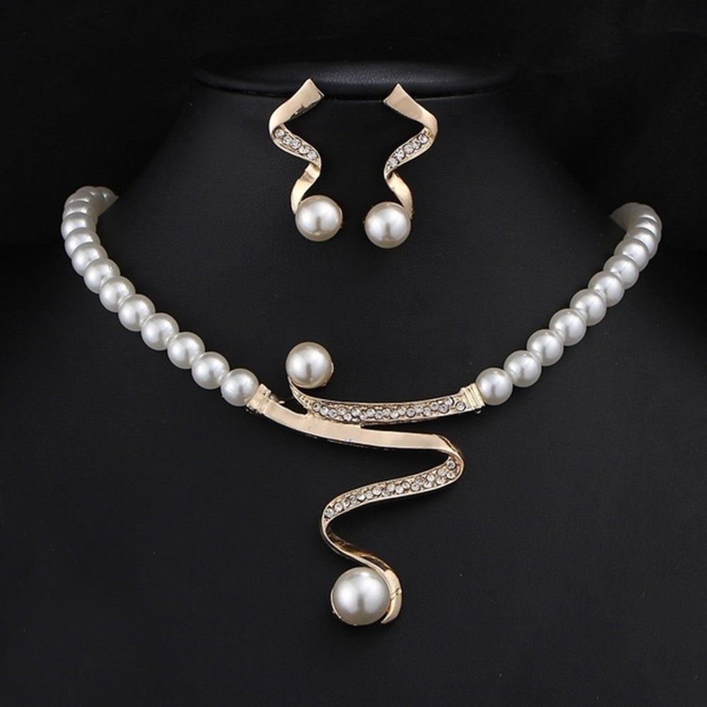 Rhinestone Faux Pearl Beaded Necklace Stud Earrings Bridal Wedding Jewelry Set Image 3