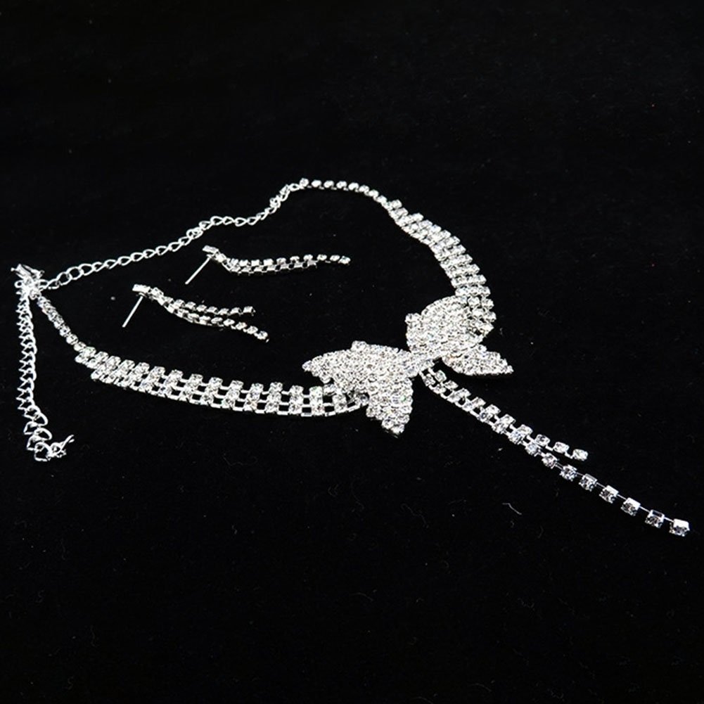Women Full Rhinestone Butterfly Long Pendant Stud Earrings Necklace Jewelry Set Image 3
