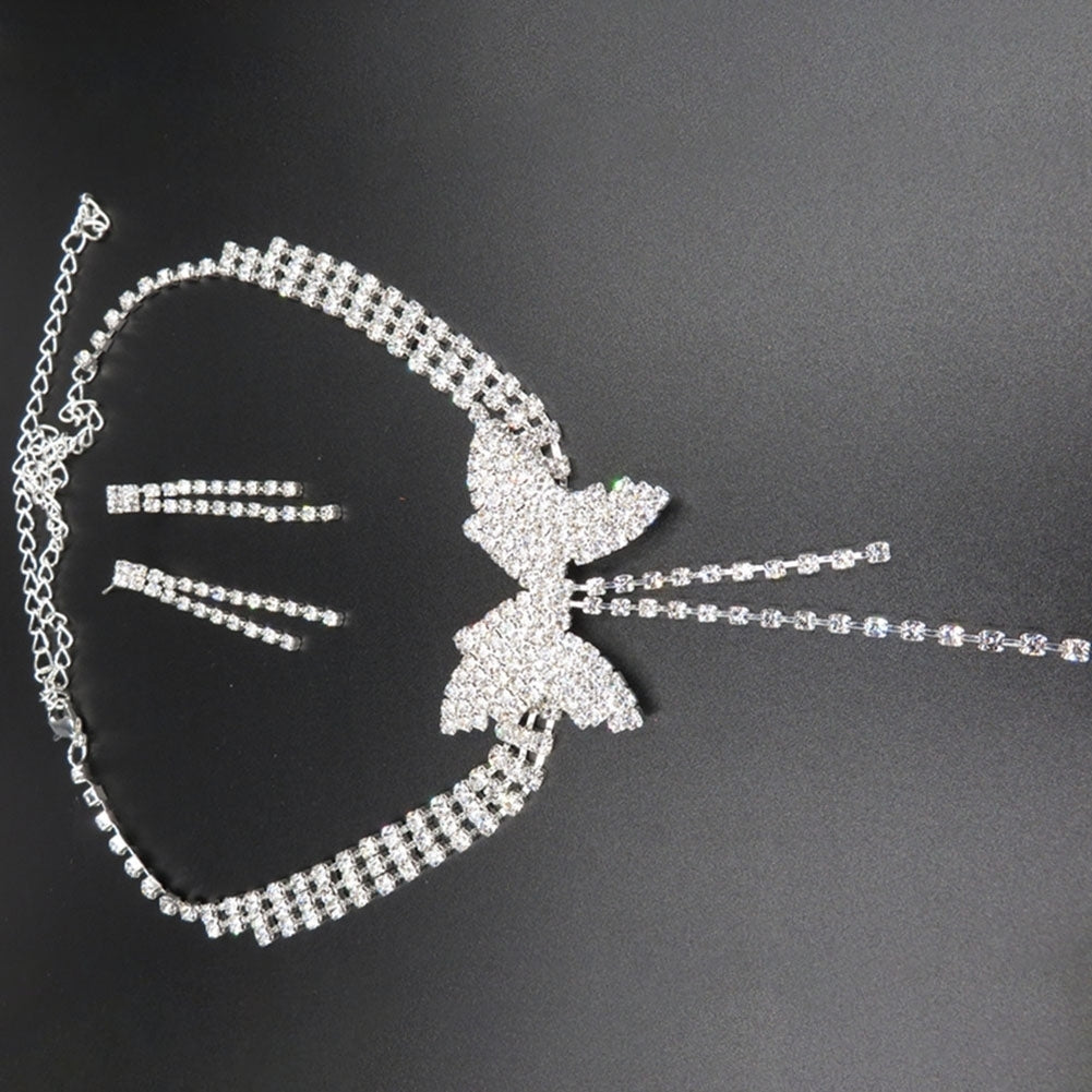 Women Full Rhinestone Butterfly Long Pendant Stud Earrings Necklace Jewelry Set Image 4