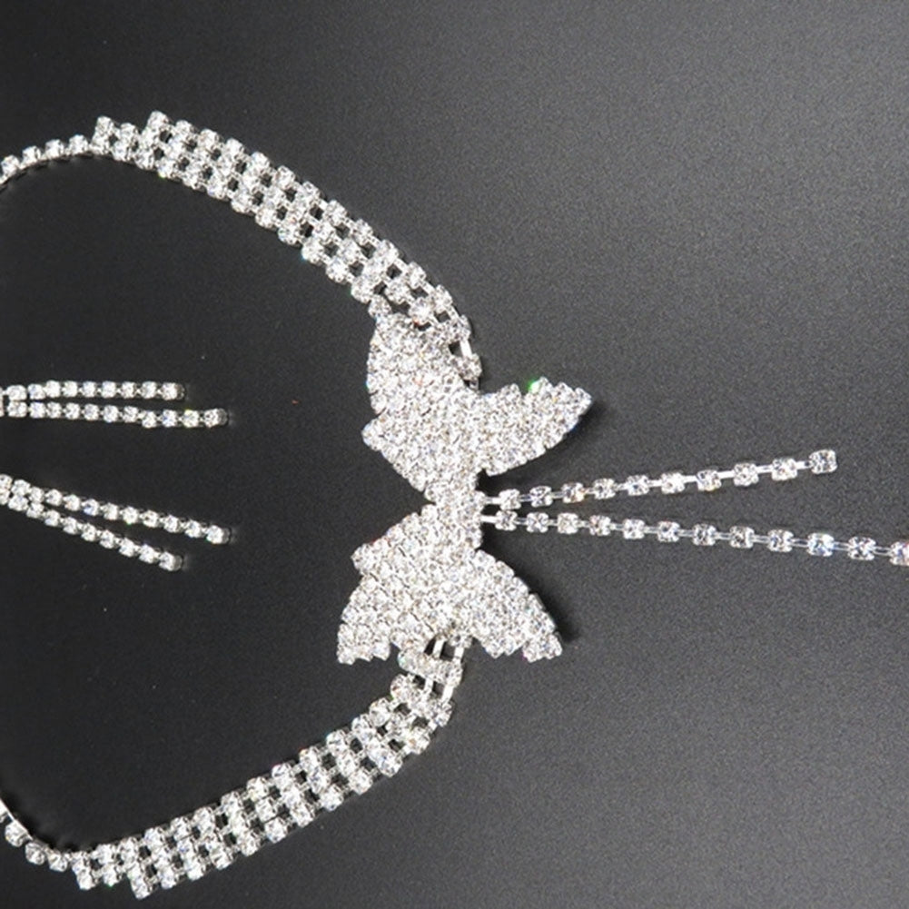 Women Full Rhinestone Butterfly Long Pendant Stud Earrings Necklace Jewelry Set Image 6