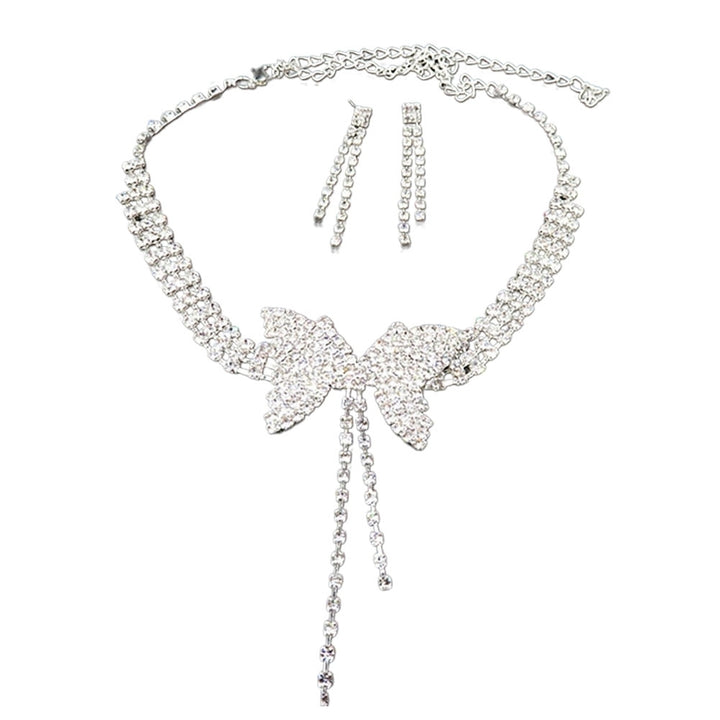 Women Full Rhinestone Butterfly Long Pendant Stud Earrings Necklace Jewelry Set Image 7