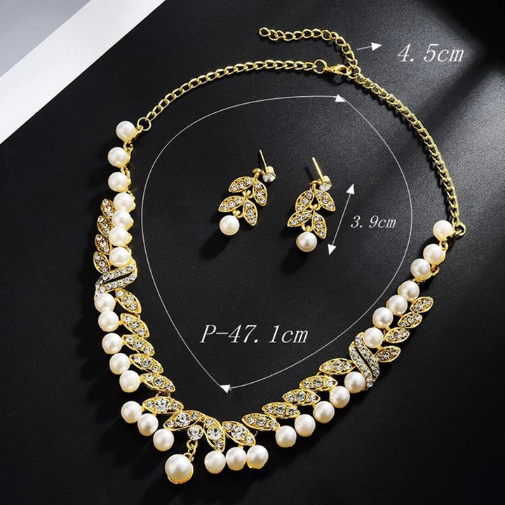 Faux Pearl Rhinestone Leaf Dangle Earrings Necklace Bridal Wedding Jewelry Set Image 9