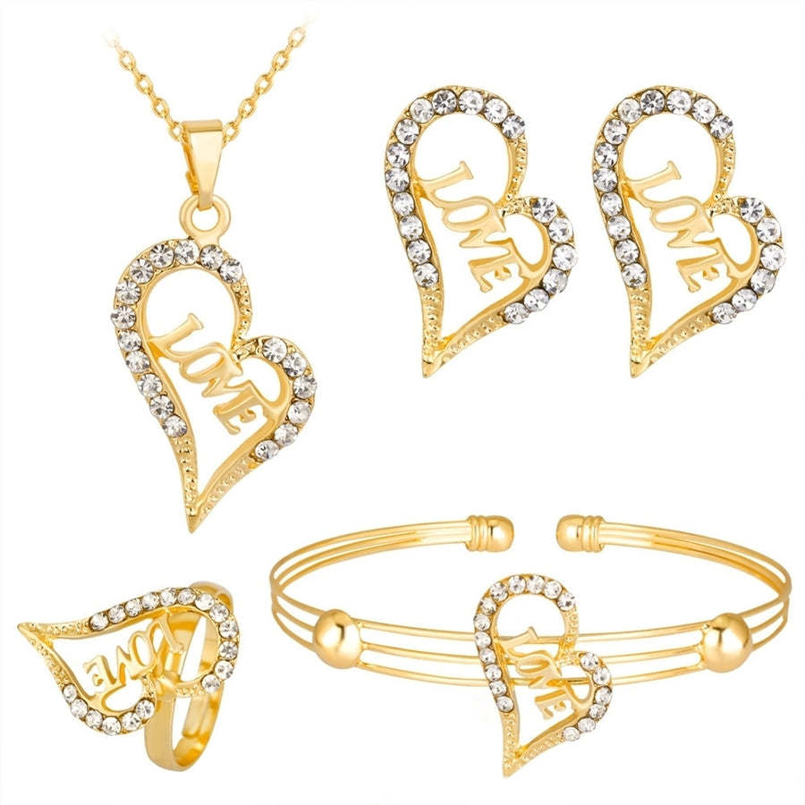 Women Rhinestone Heart LOVE Pendant Necklace Earrrings Bracelet Ring Jewelry Set Image 1
