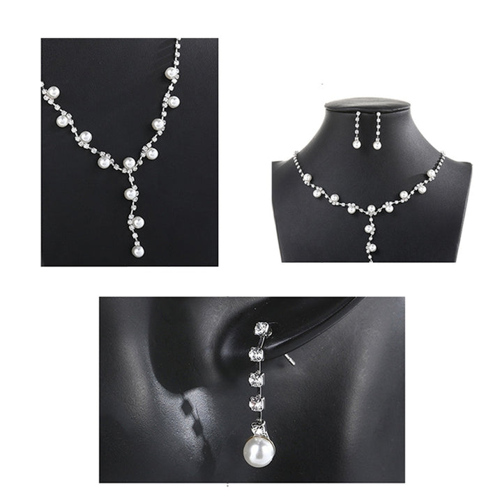 Fashion Women Rhinestone Faux Pearl Pendant Necklace Stud Earrings Jewelry Set Image 4