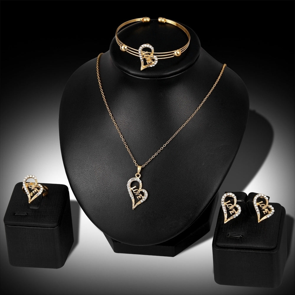 Women Rhinestone Heart LOVE Pendant Necklace Earrrings Bracelet Ring Jewelry Set Image 2