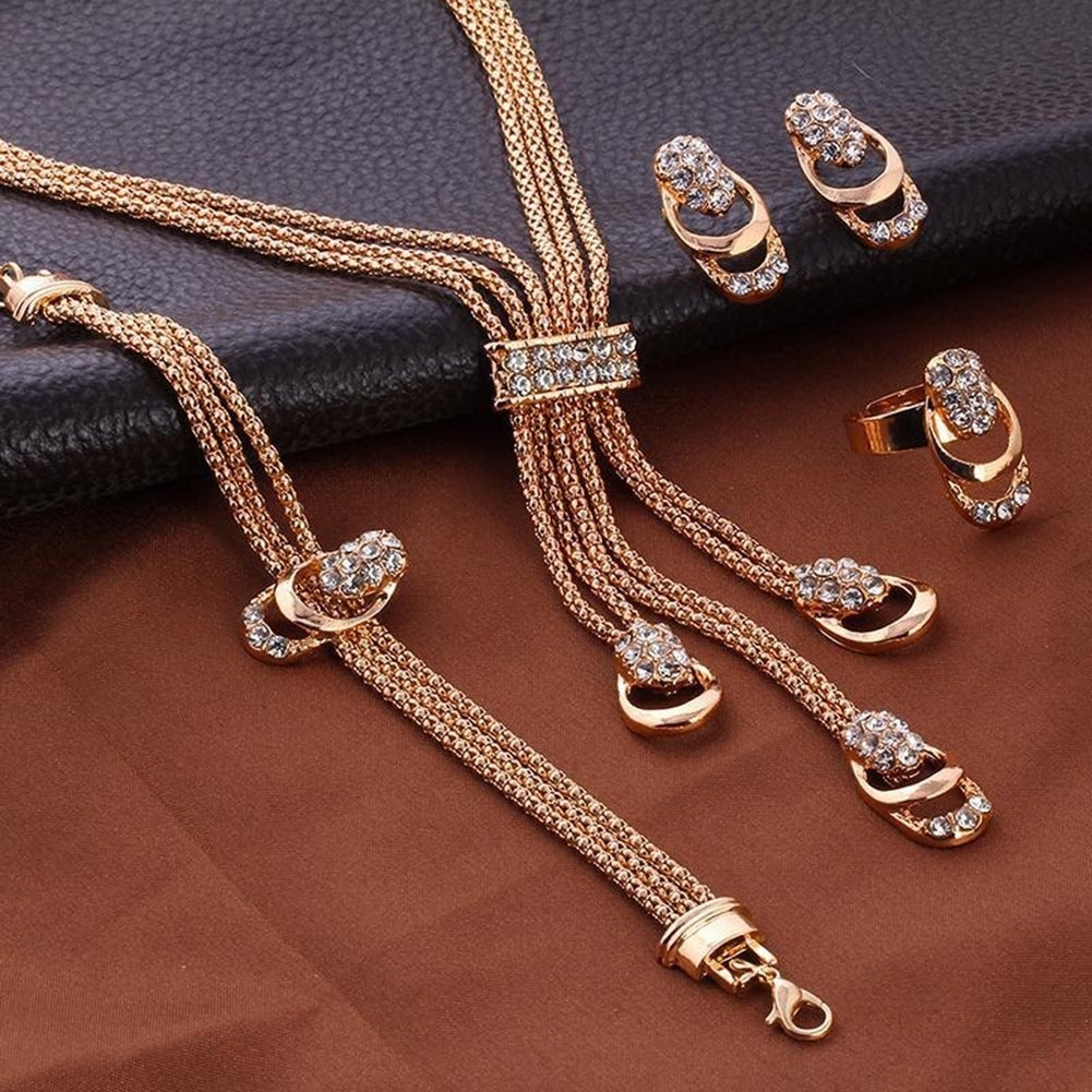 Women Fashion Rhinestone Inlaid Necklace Bracelet Ring Ear Studs Jewelry Set Image 4