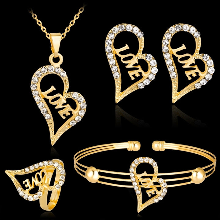 Women Rhinestone Heart LOVE Pendant Necklace Earrrings Bracelet Ring Jewelry Set Image 10