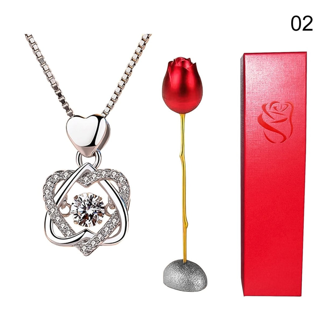 Heart Shape Rhinestone Pendant Necklace with Storage Box Rose Valentine Gift Set Image 2