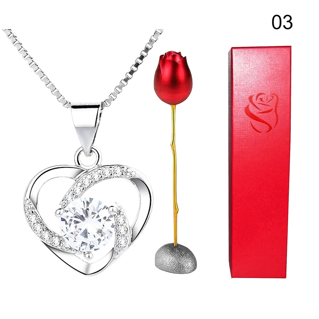 Heart Shape Rhinestone Pendant Necklace with Storage Box Rose Valentine Gift Set Image 3