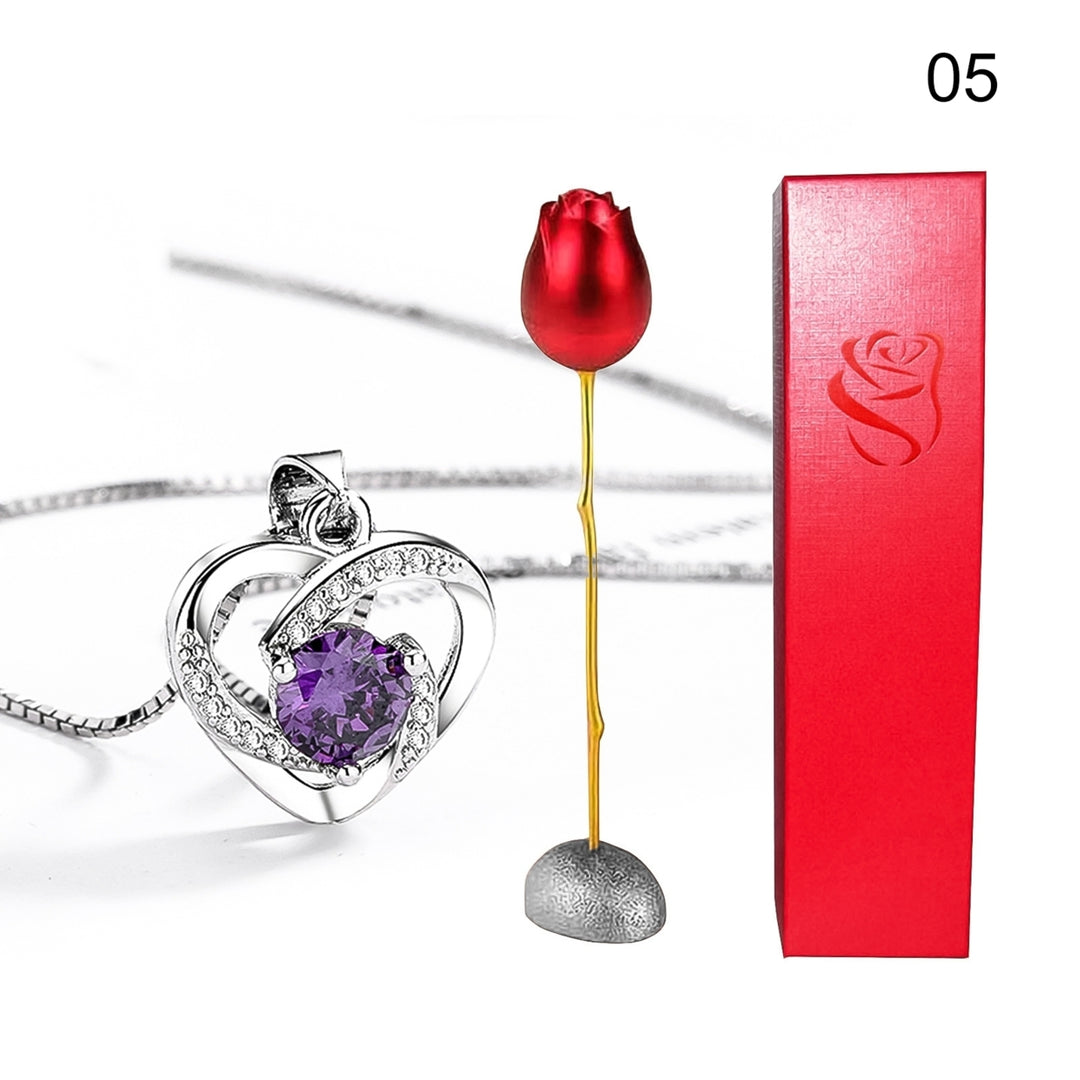 Heart Shape Rhinestone Pendant Necklace with Storage Box Rose Valentine Gift Set Image 8