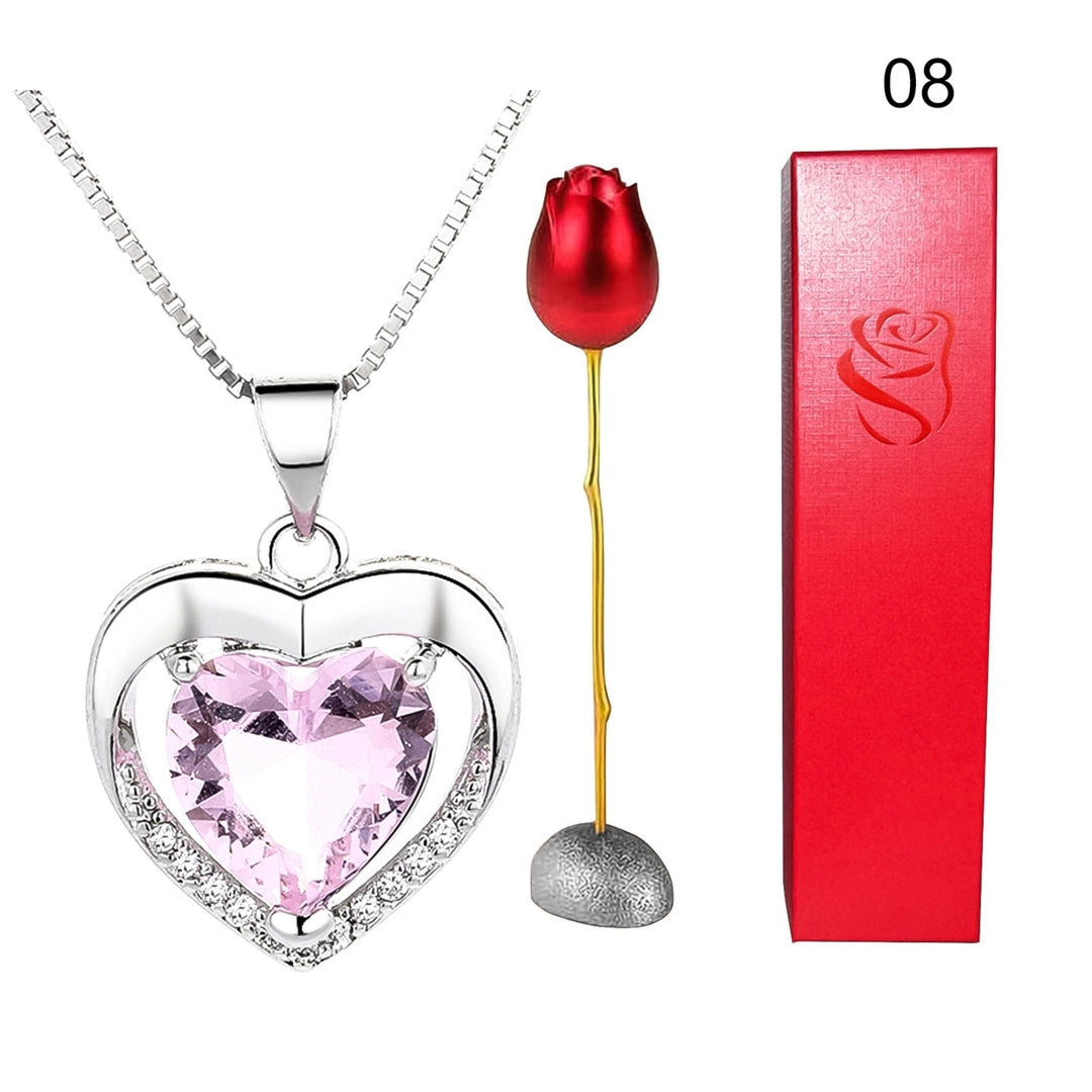 Heart Shape Rhinestone Pendant Necklace with Storage Box Rose Valentine Gift Set Image 10