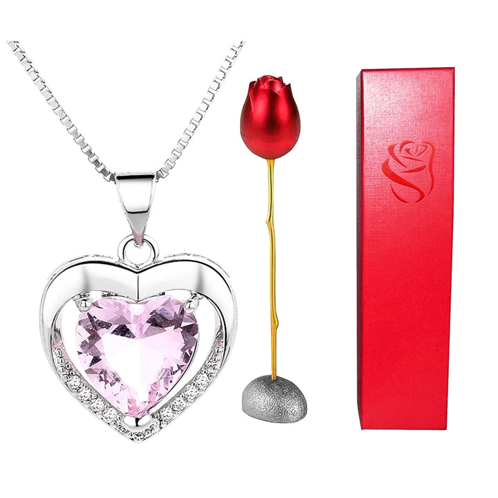 Heart Shape Rhinestone Pendant Necklace with Storage Box Rose Valentine Gift Set Image 12