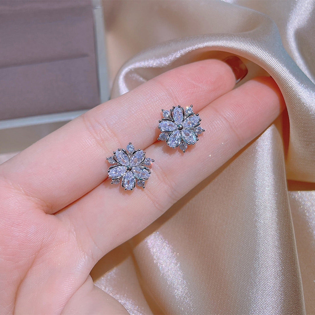 Women Necklace Double Layers Flower Cubic Zirconia Jewelry Shiny Simple All Match Stud Earrings Ring Necklace for Image 8