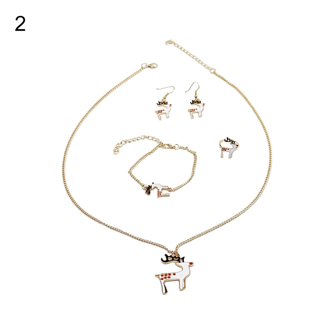 4Pcs Elk Pendant Bright Color Necklace Earrings Ring Bracelet Set Alloy Red Christmas Hat Moon Pendant Jewelry Set Image 3