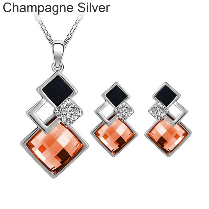 2Pcs Geometric Pendant Necklace Earrings Set Faux Crystal Alloy Shiny Bridal Stud Earrings Necklace Set Jewelry Image 3