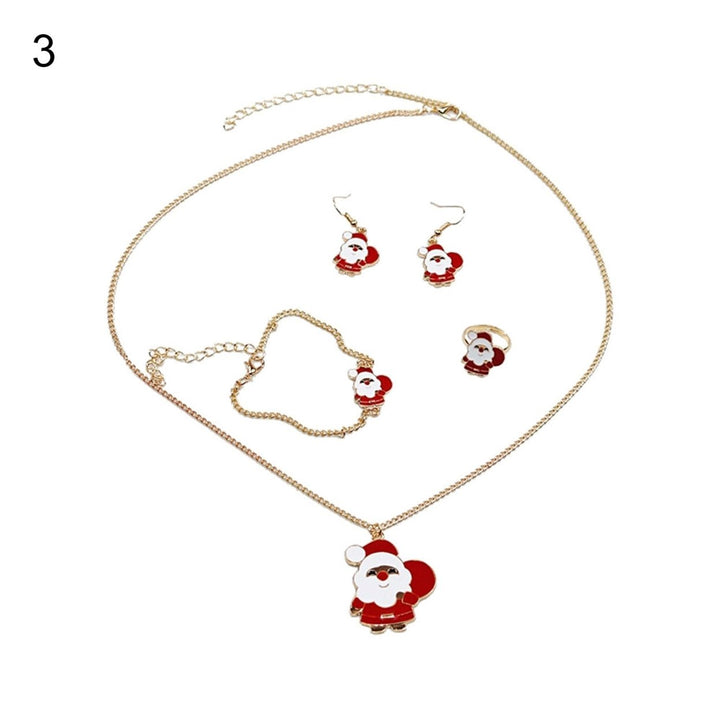 4Pcs Elk Pendant Bright Color Necklace Earrings Ring Bracelet Set Alloy Red Christmas Hat Moon Pendant Jewelry Set Image 4